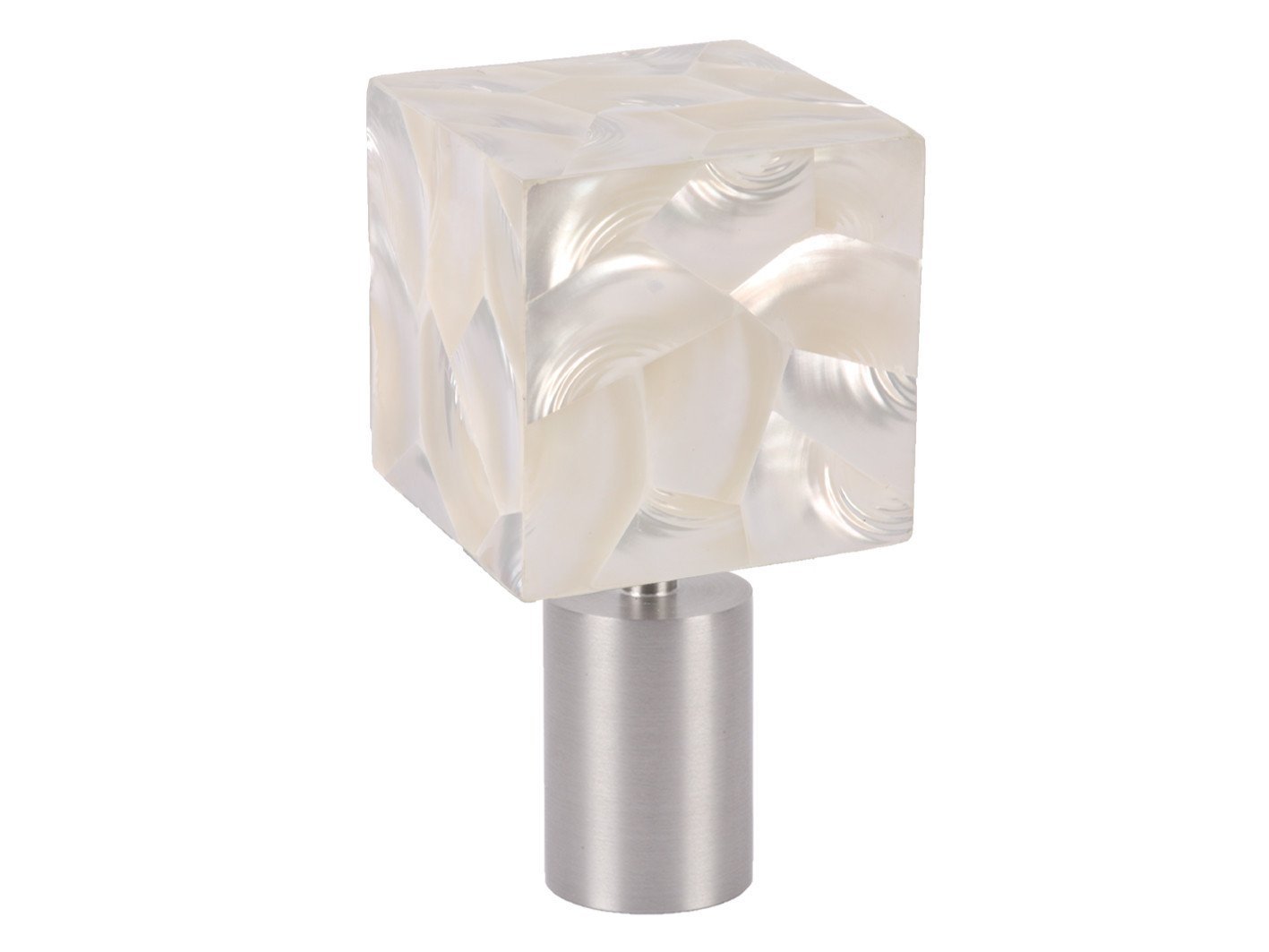 Designer curtain pole finial | Troca Satin white riva cube shell with steel spigot
