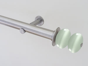 Stainless steel curtain pole 30mm diameter with opal white glass moonstone finials | Walcot House