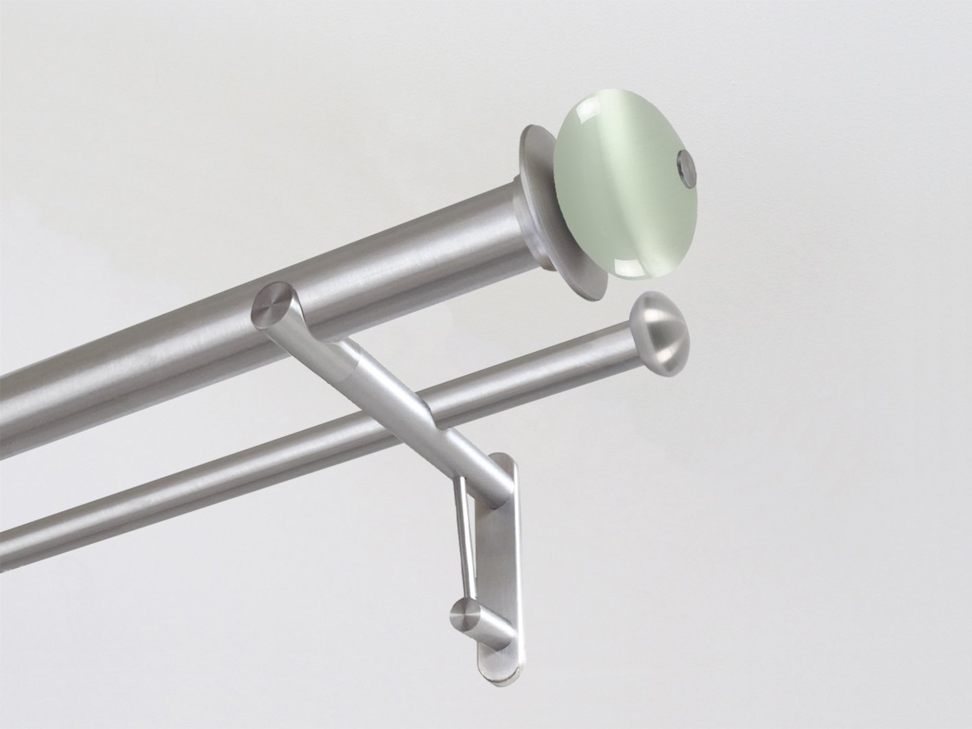 30mm diameter stainless steel double curtain pole system with Glass Moonstone finials in Opal