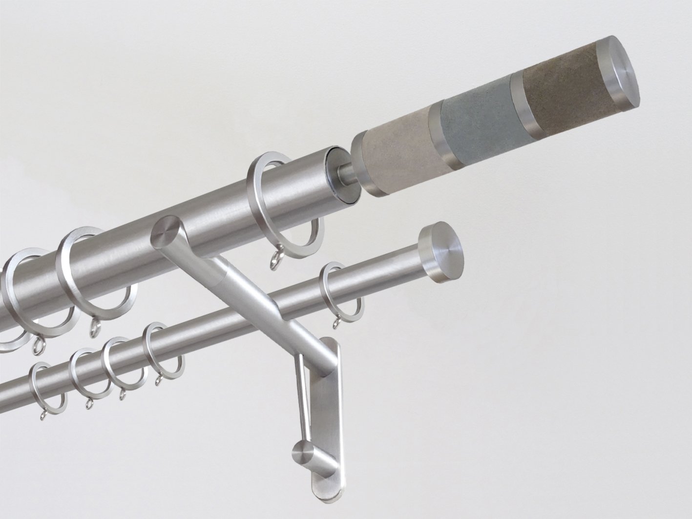 30mm diameter stainless steel double curtain pole system with Combination finials in suede