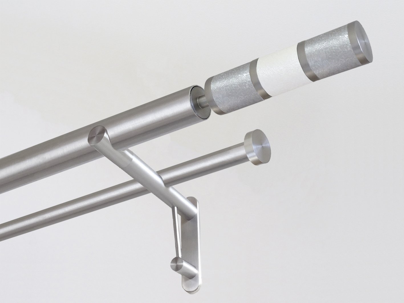 30mm diameter stainless steel double curtain pole system with Combination finials in "Winter"