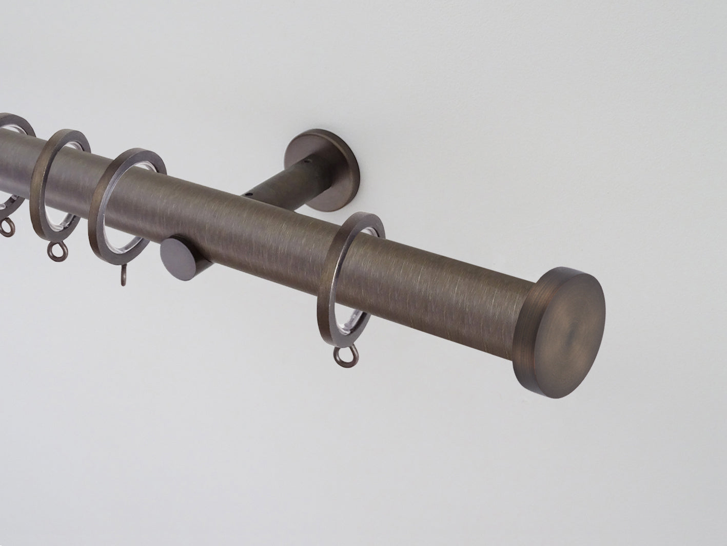 antique brass curtain pole, traditional, classic, modern, Mini disc, cap end finials, 30mm diameter brushed bronze curtain pole