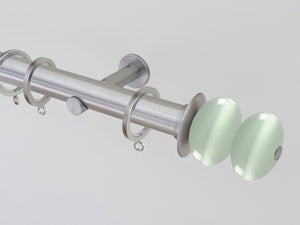 Stainless steel curtain pole 30mm diameter with coloured glass moonstone finials | Walcot House