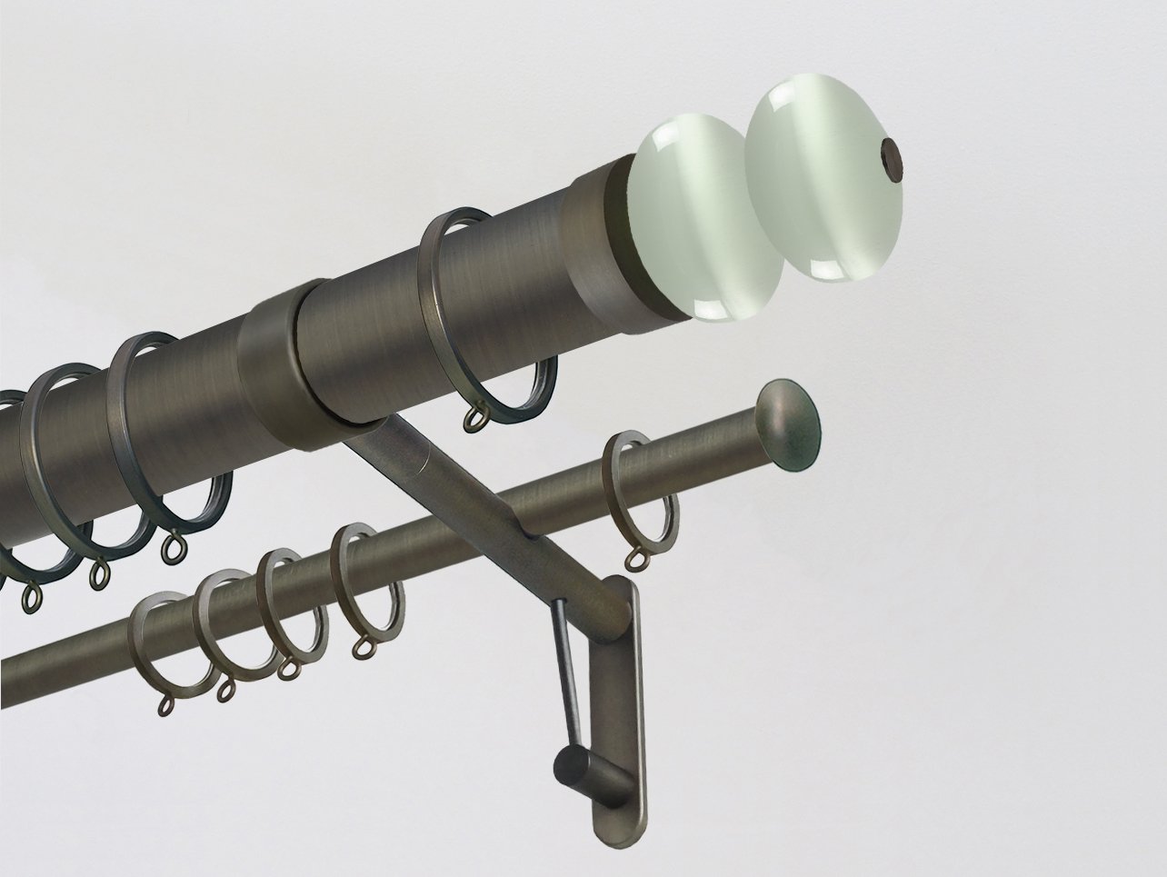 Walcot House | 50mm Brushed Bronze double curtain pole set with double moonstone finials in opal