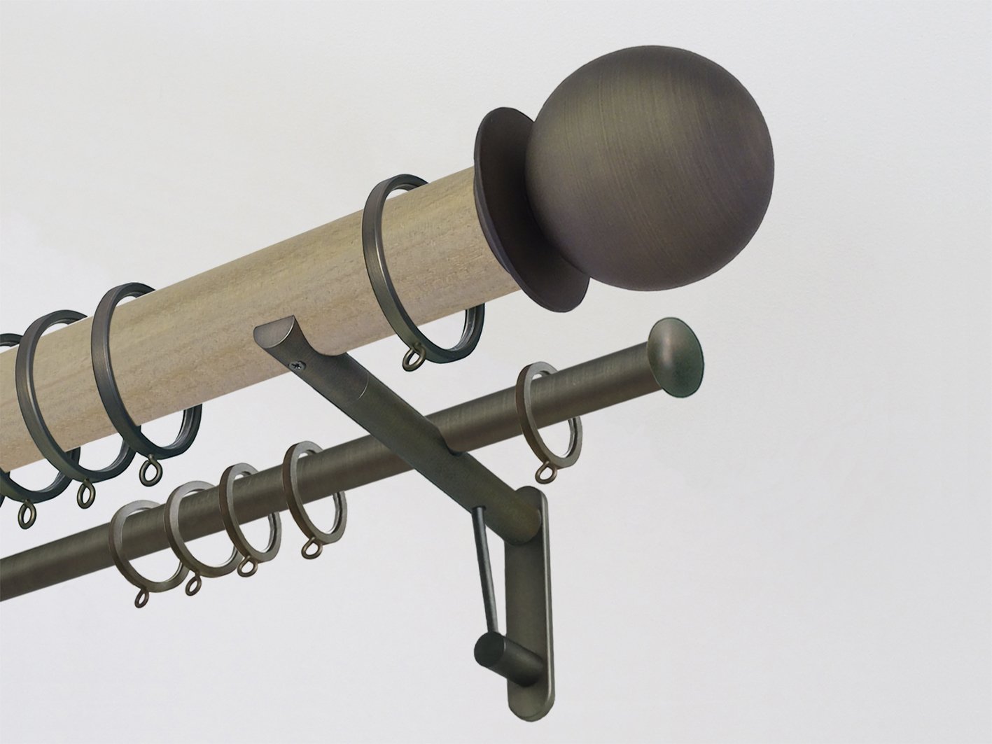 50mm dia. cotswold oak stained wood double curtain pole with steel metal ball finials