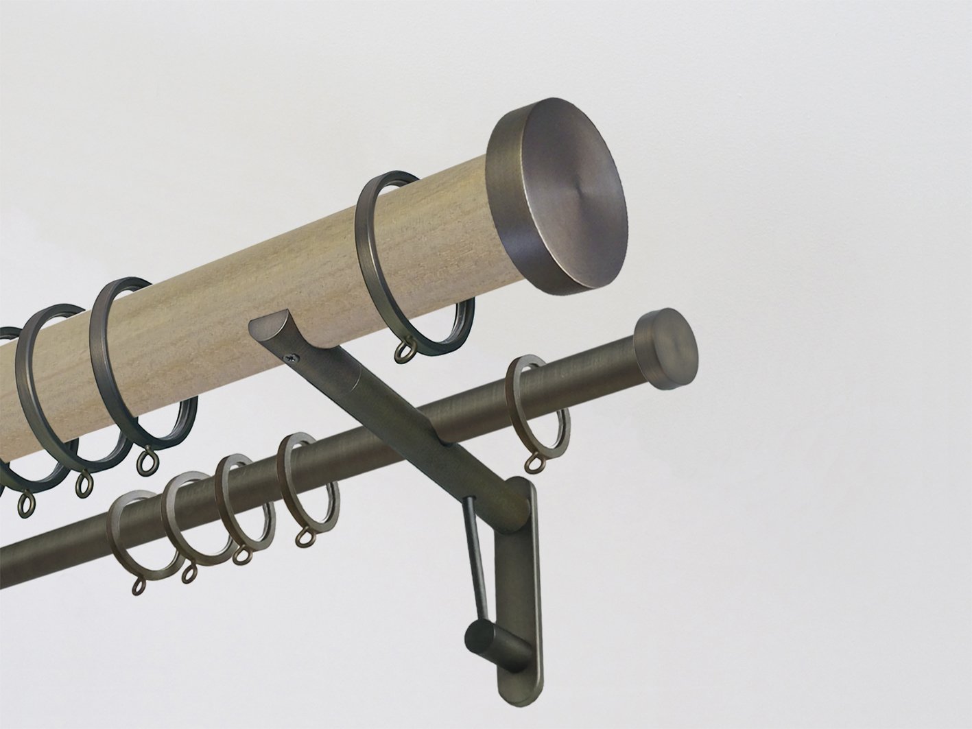 50mm dia. cotswold oak stained wooden double curtain pole with stainless steel mini disc finials