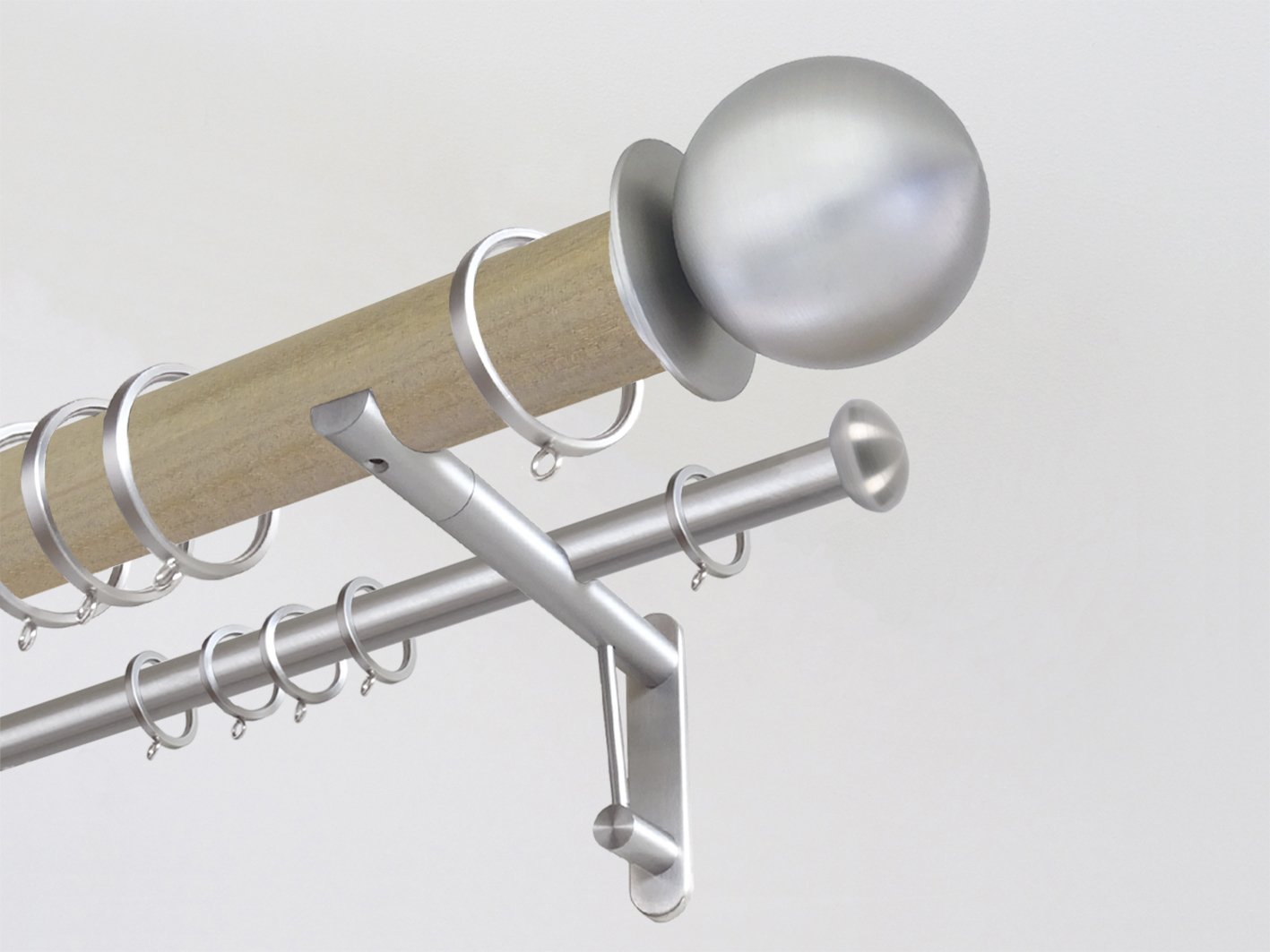 50mm dia. cotswold oak stained wood double curtain pole with steel metal ball finials