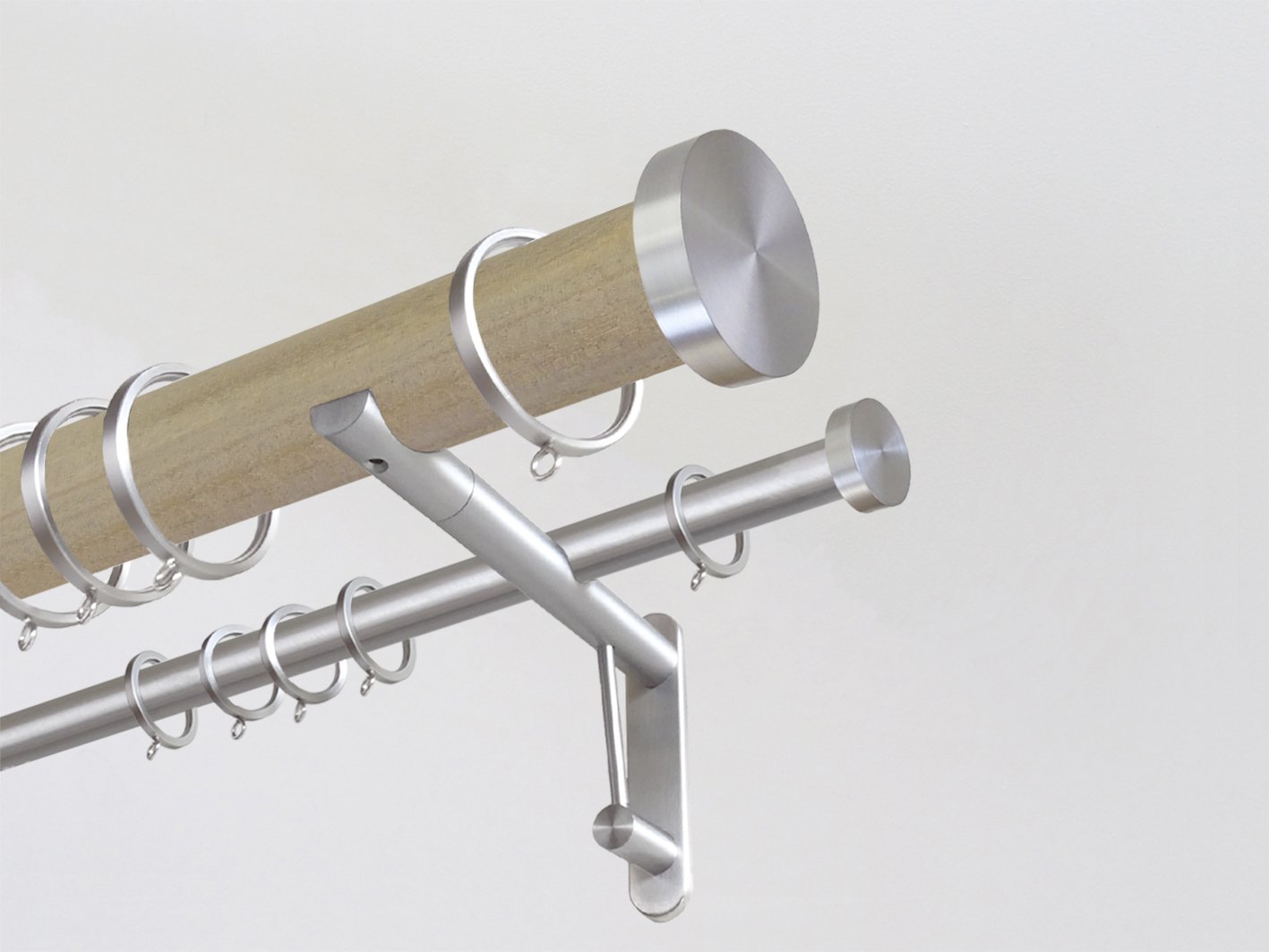 50mm dia. cotswold oak stained wooden double curtain pole with stainless steel mini disc finials
