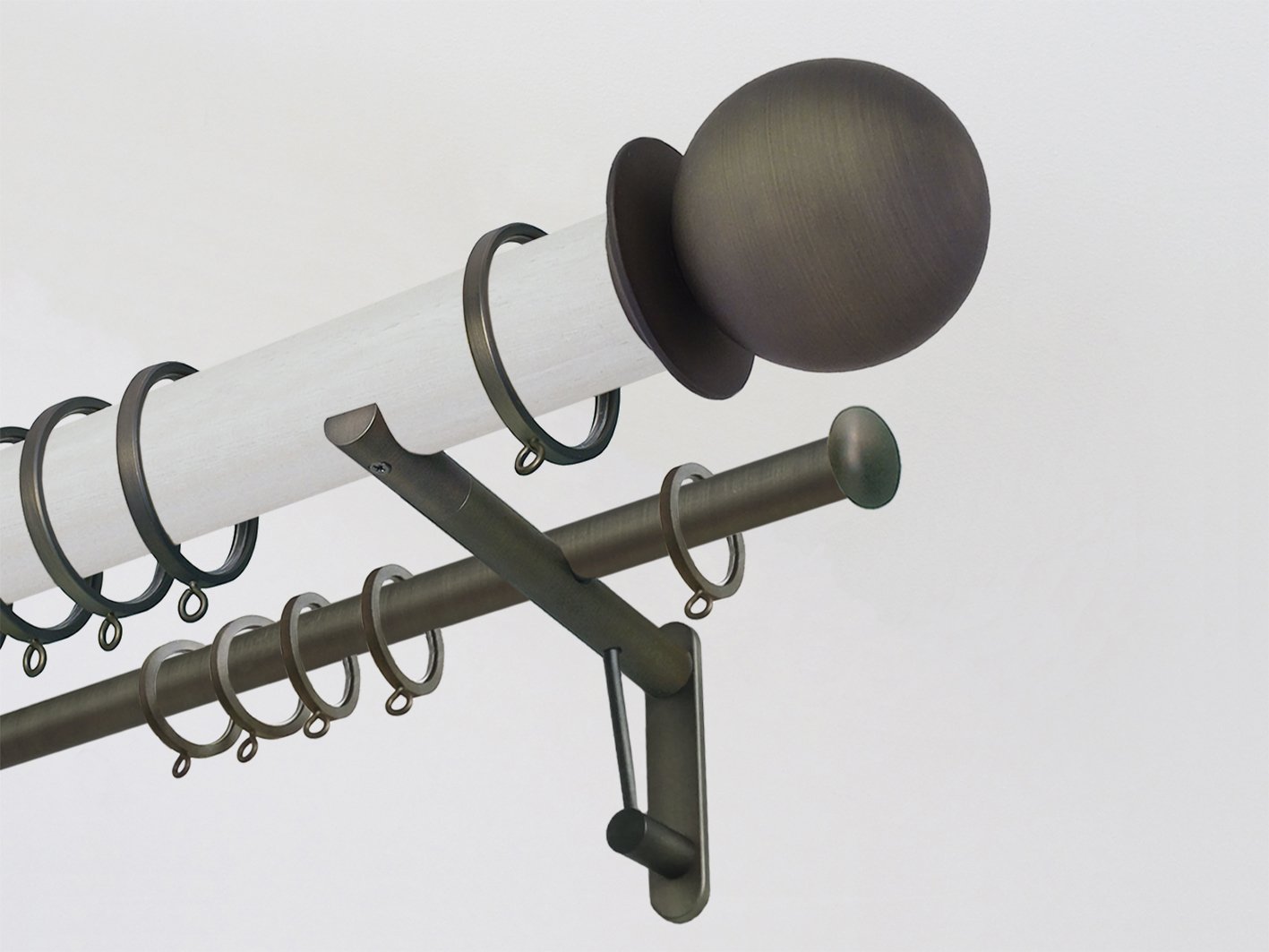 50mm dia. ecru stained wood double curtain pole with steel metal ball finials