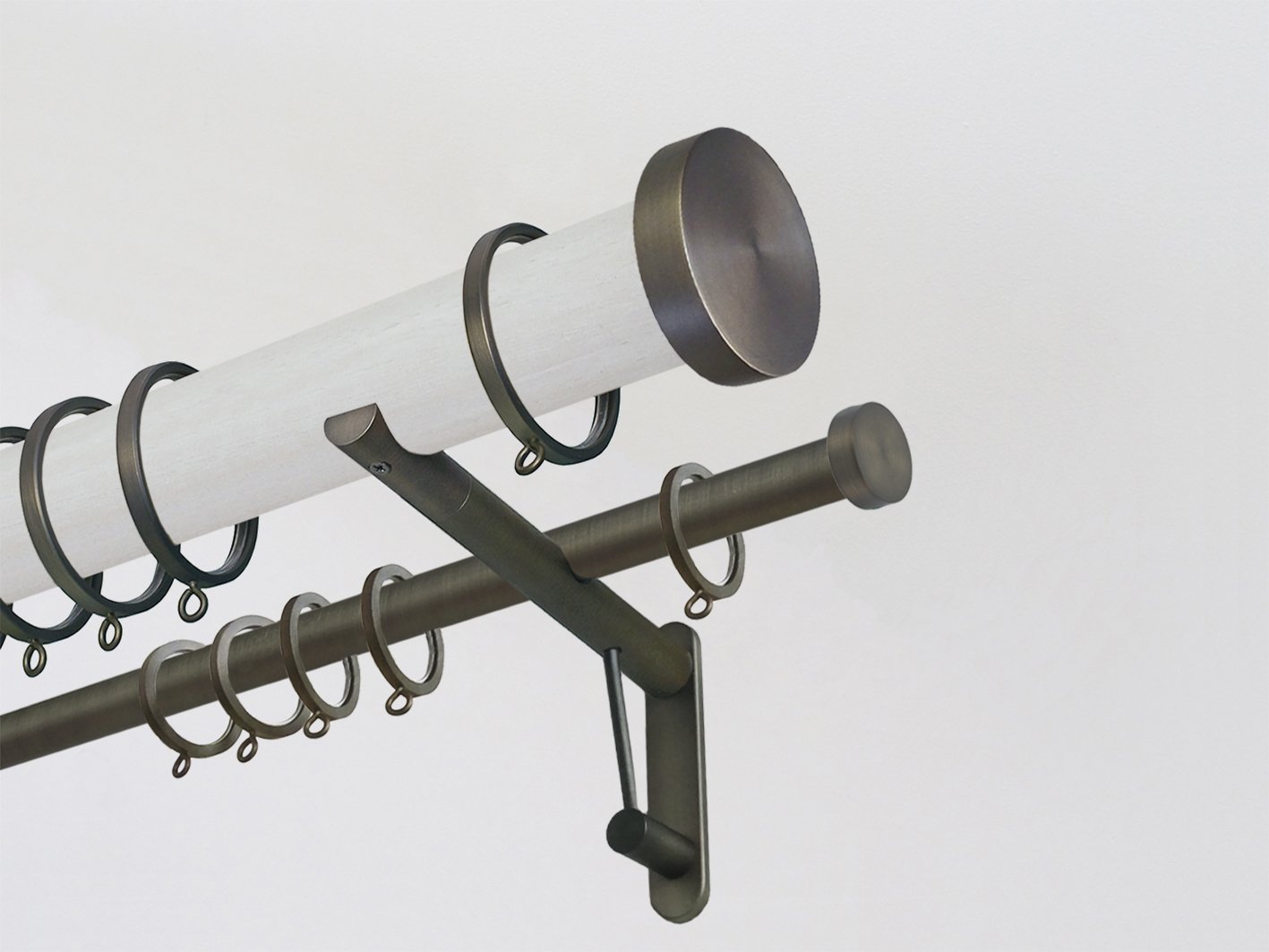 50mm dia. White ecru stained wooden double curtain pole by Walcot House with stainless steel finials