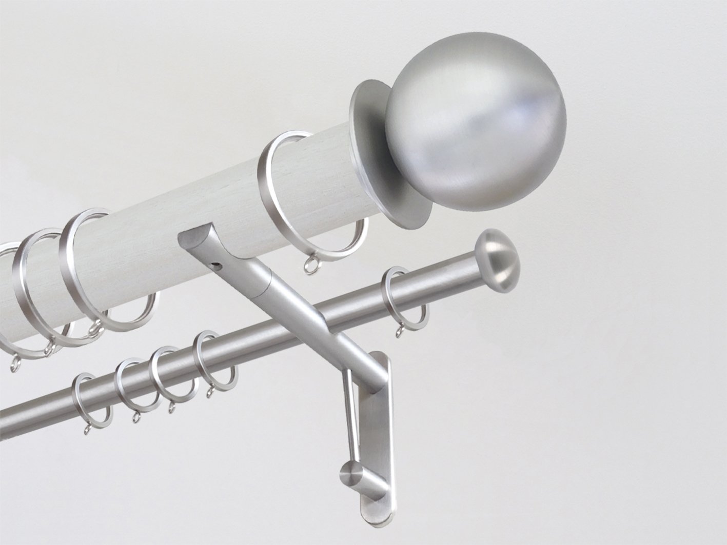 50mm dia. ecru stained wood double curtain pole with steel metal ball finials