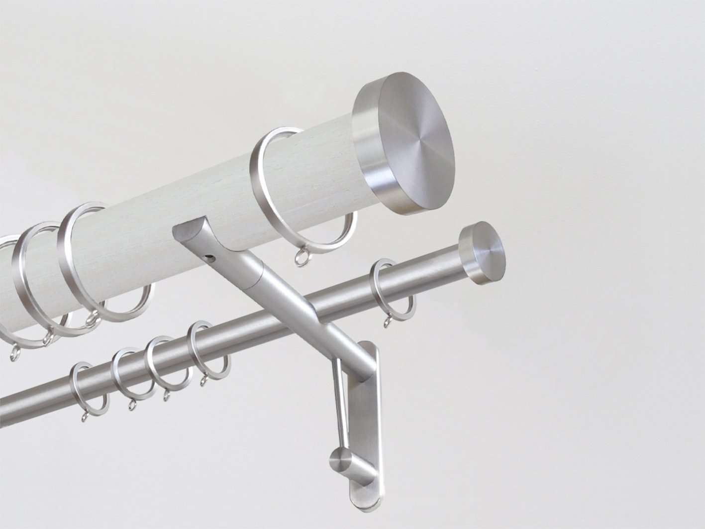 50mm dia. White ecru stained wooden double curtain pole by Walcot House with stainless steel finials