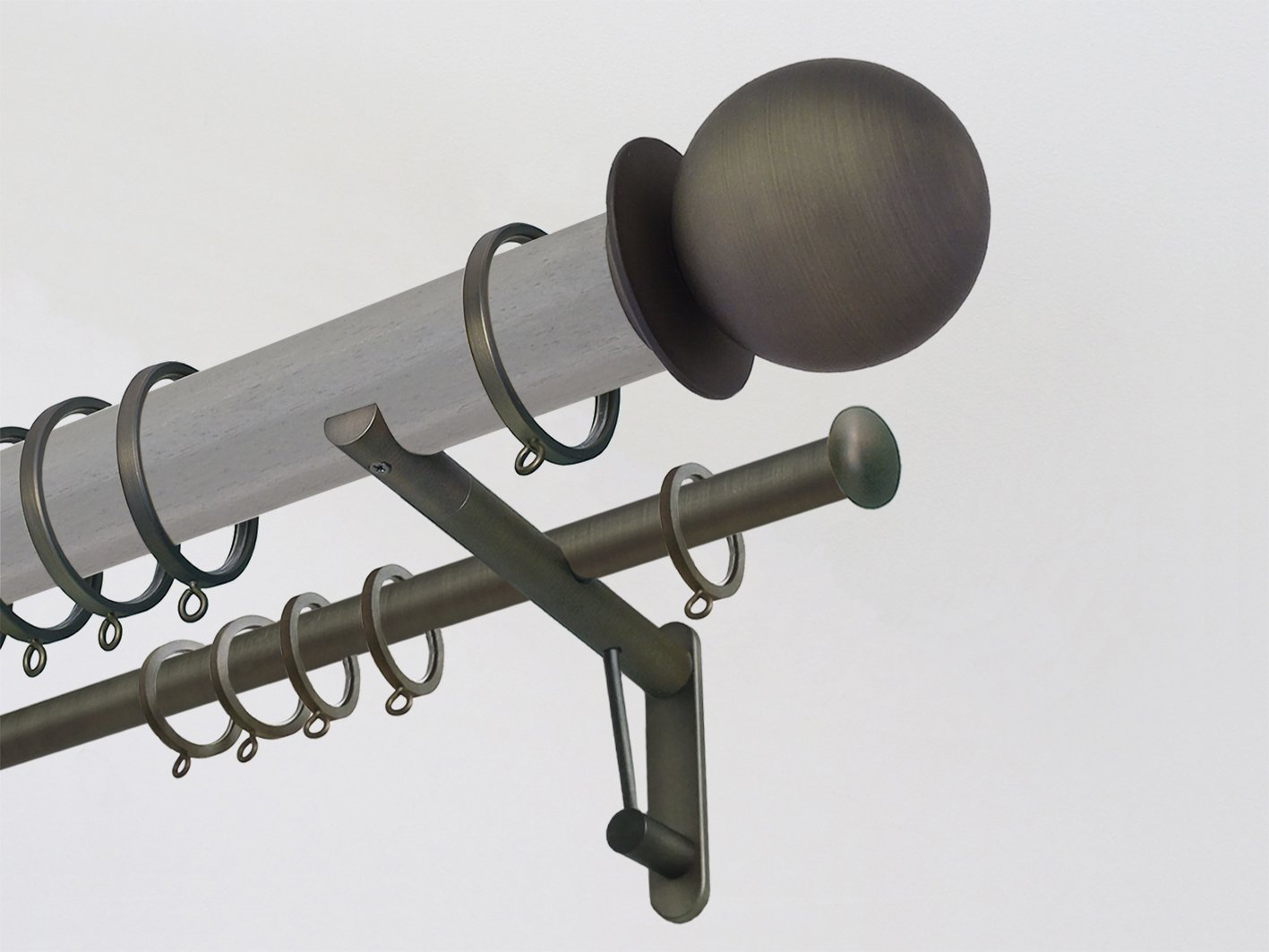 50mm dia. mouse stained wood double curtain pole with brushed bronze metal ball finials