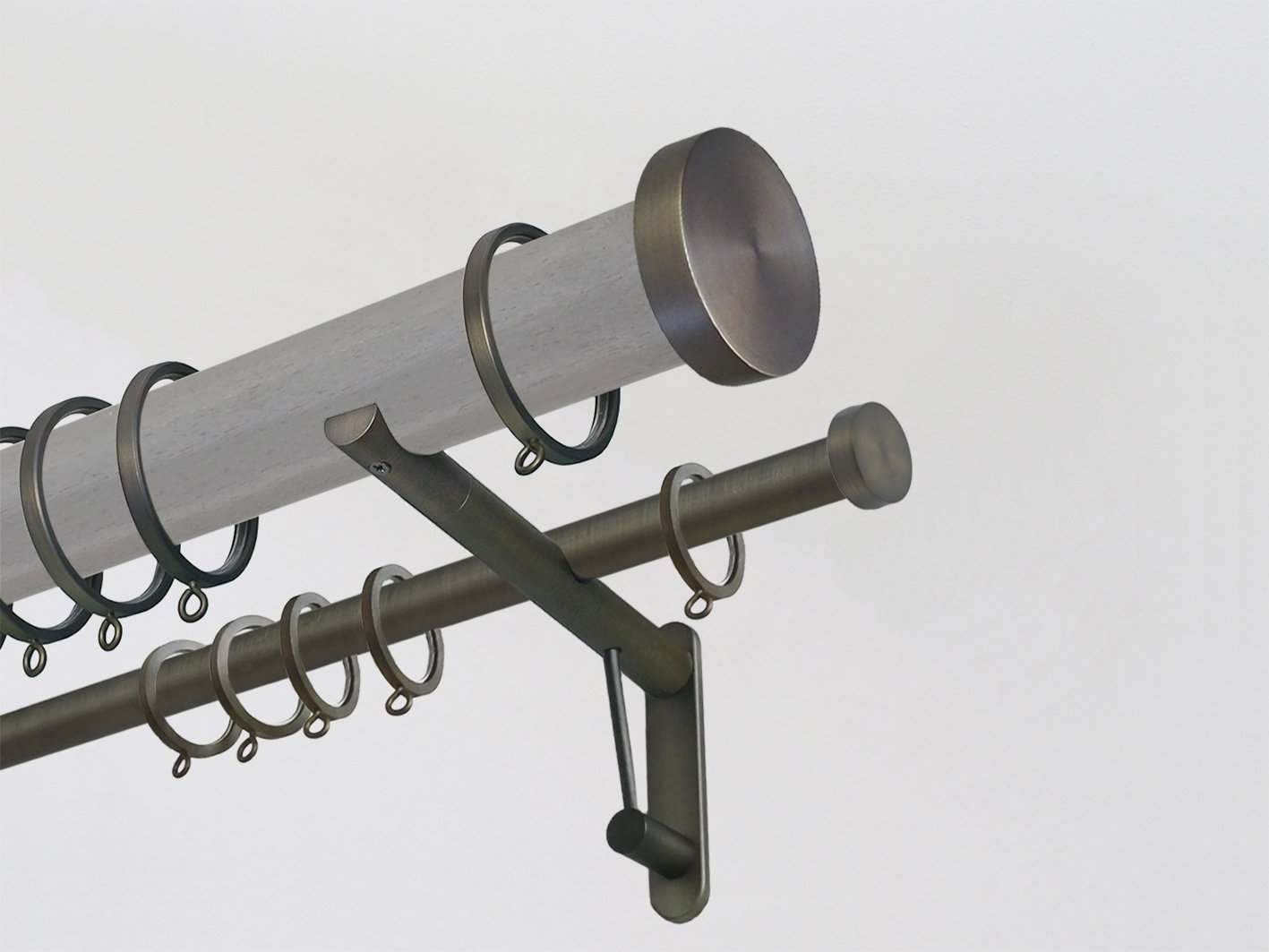 Mouse grey stained wooden double curtain pole duo system by Walcot House with brushed bronze mini disc finials