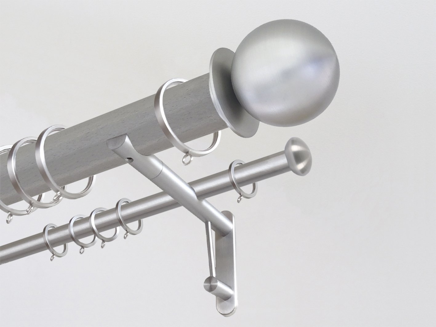 50mm dia. mouse stained wood double curtain pole with brushed bronze metal ball finials