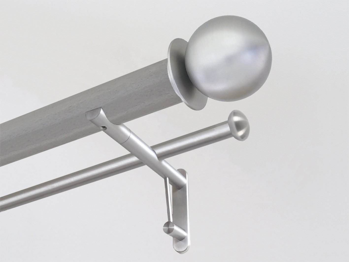 50mm dia. mouse stained wood double curtain pole with brushed steel metal ball finials