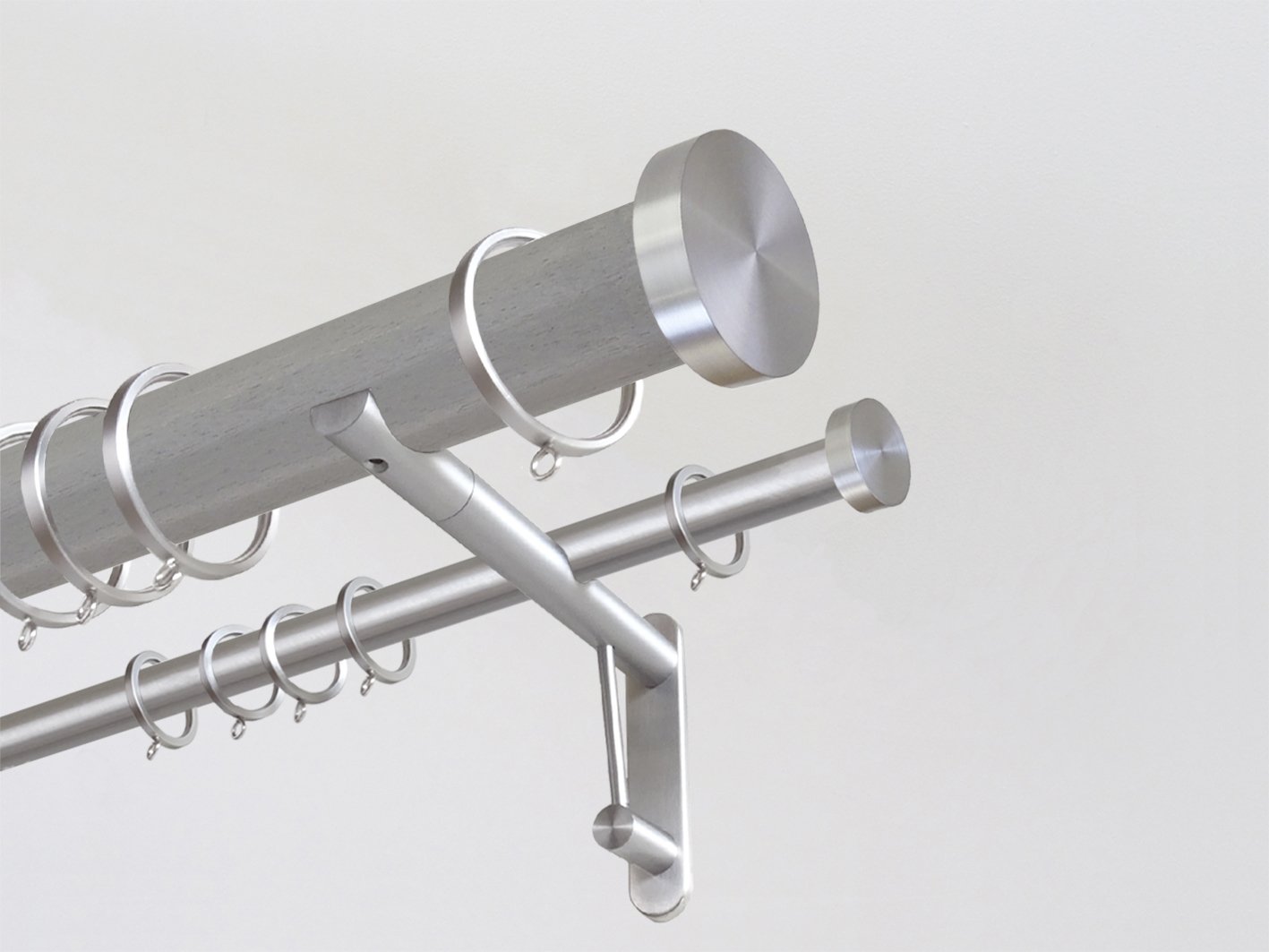 Mouse grey stained wooden double curtain pole duo system by Walcot House with brushed bronze mini disc finials