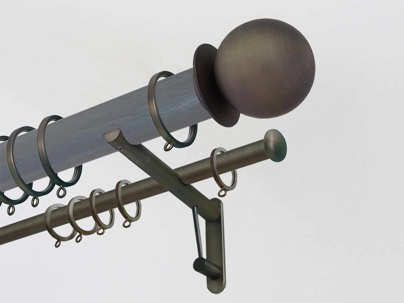 50mm stained wooden double curtain pole with bronze metal ball finials and bronze brackets