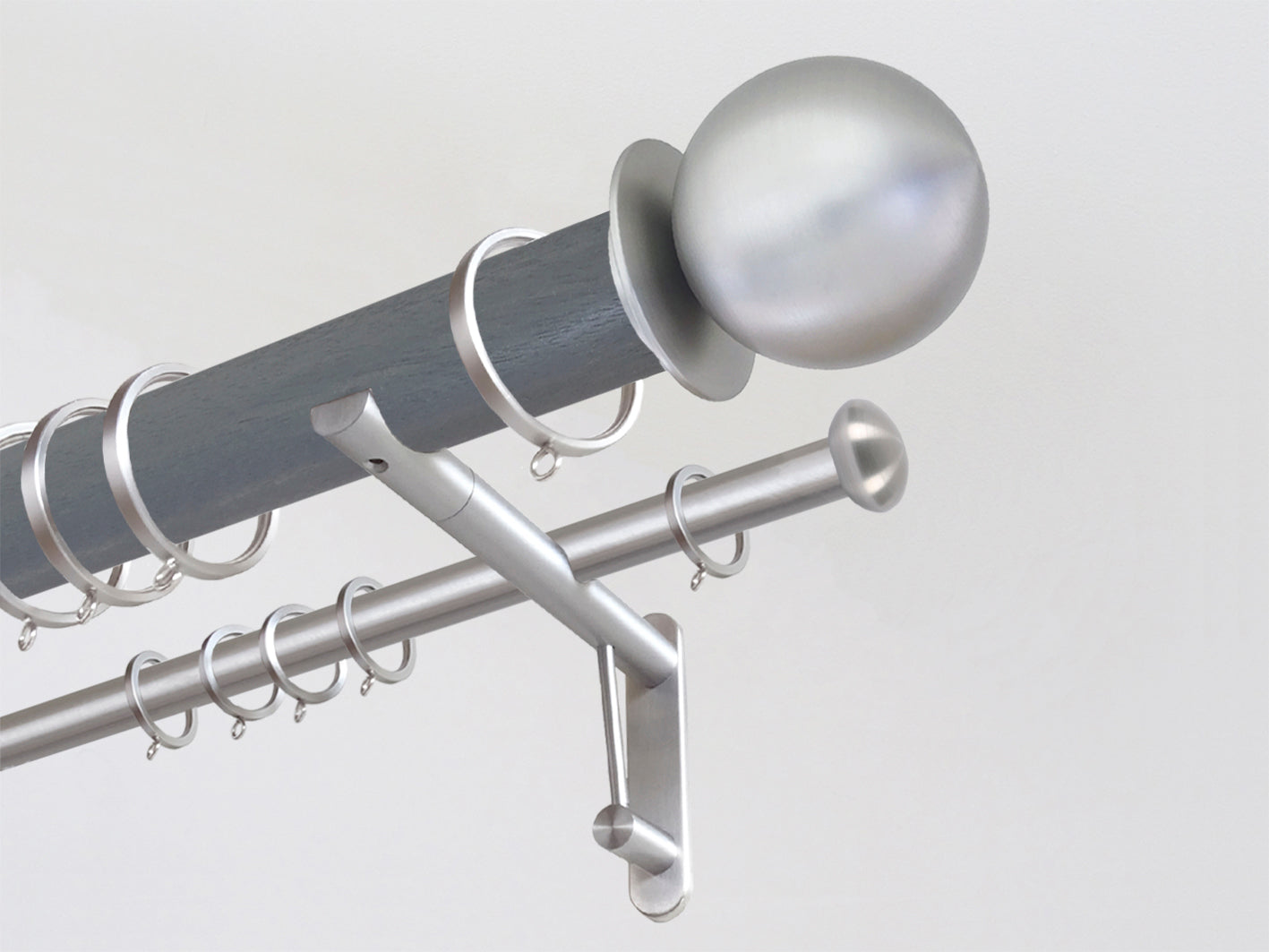 50mm stained wooden double curtain pole with bronze metal ball finials and bronze brackets