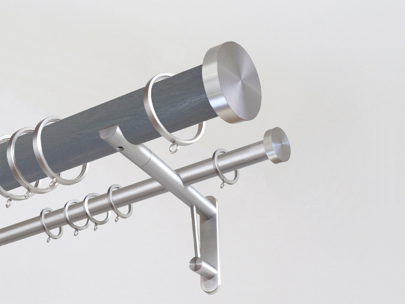 Sseal grey stained wooden double curtain pole by Walcot House with brushed bronze hardware