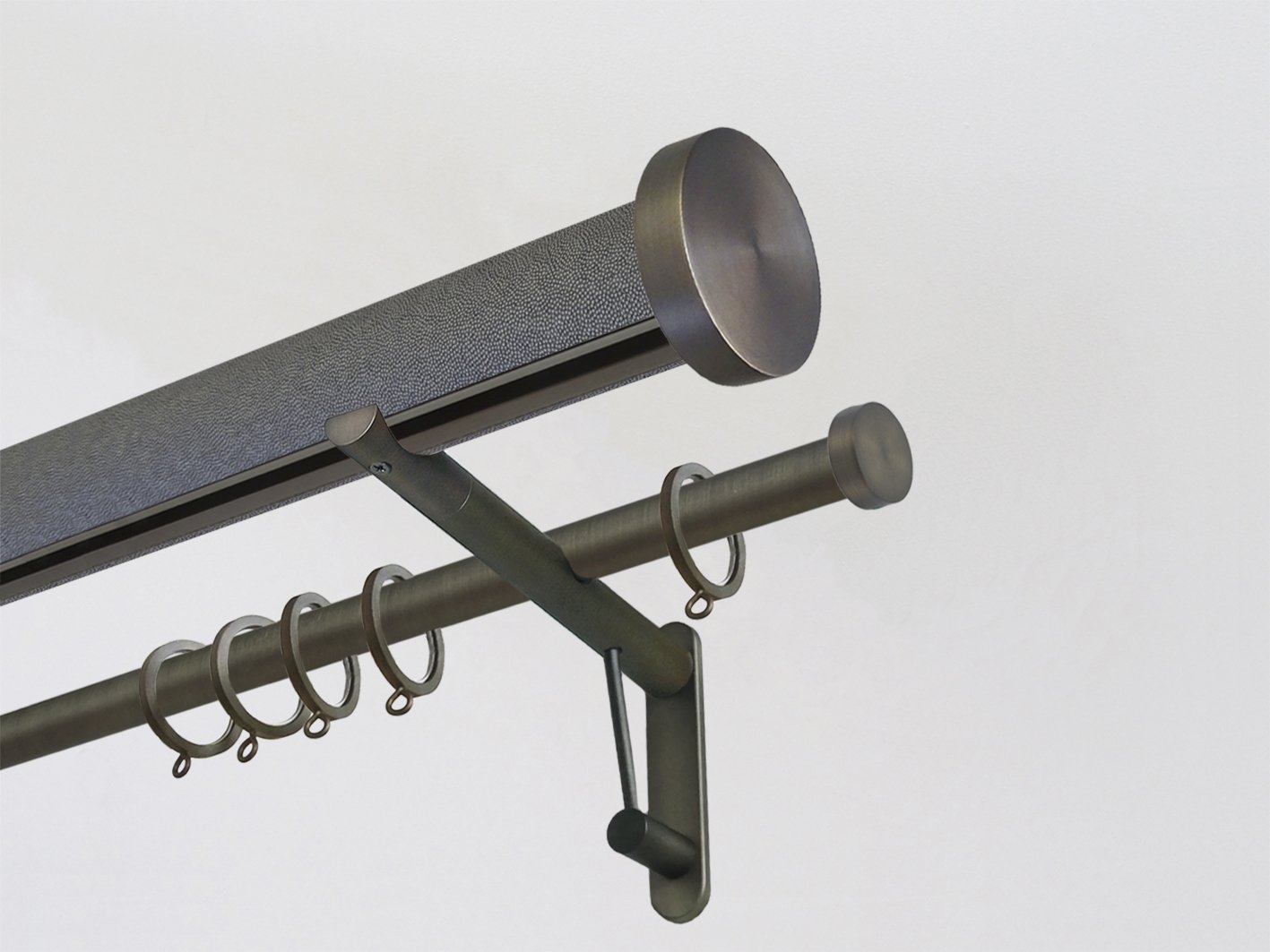 50mm dia. wrapped and tracked black pepper double curtain pole set with mini disc finials