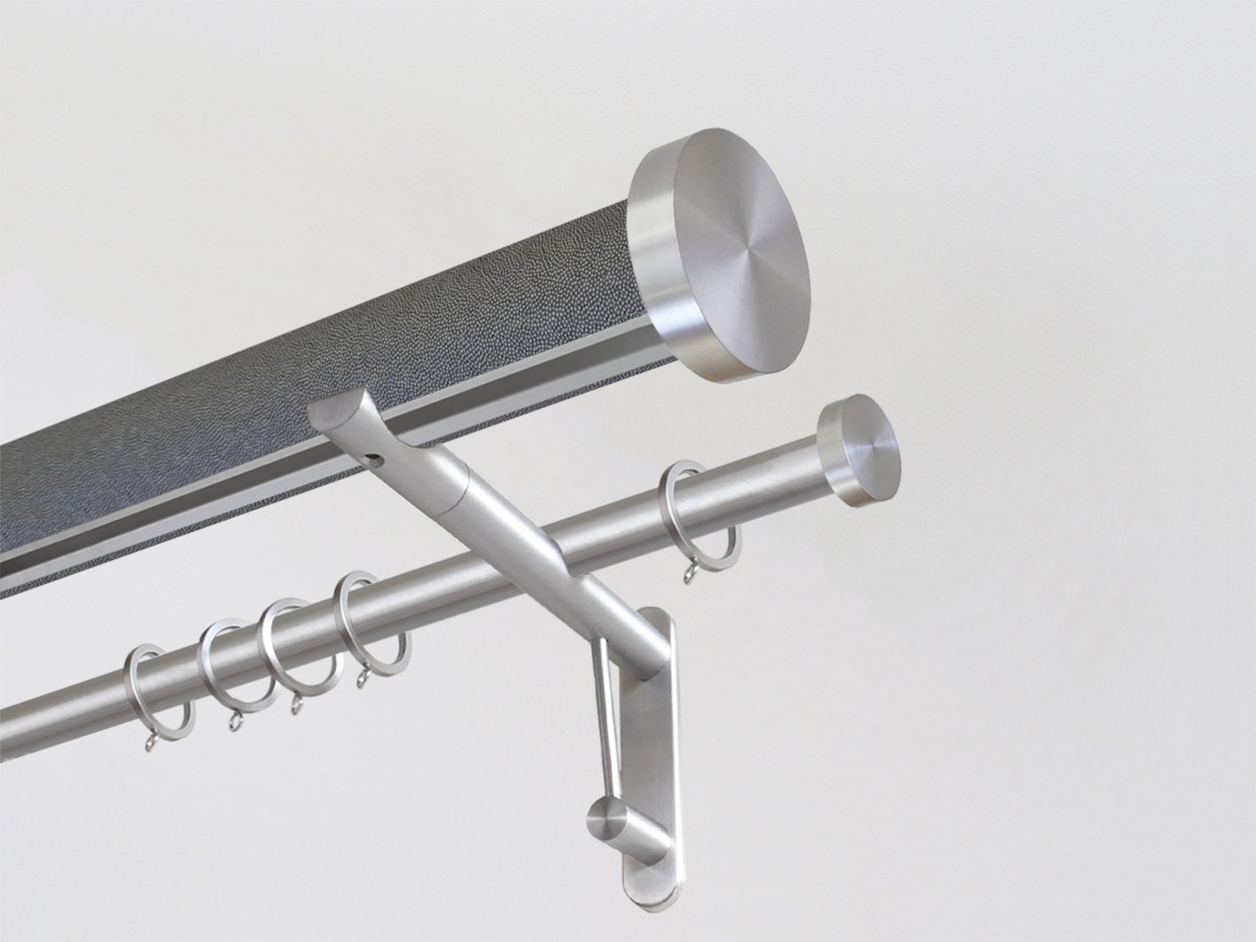 50mm dia. wrapped and tracked black pepper double curtain pole set with mini disc finials