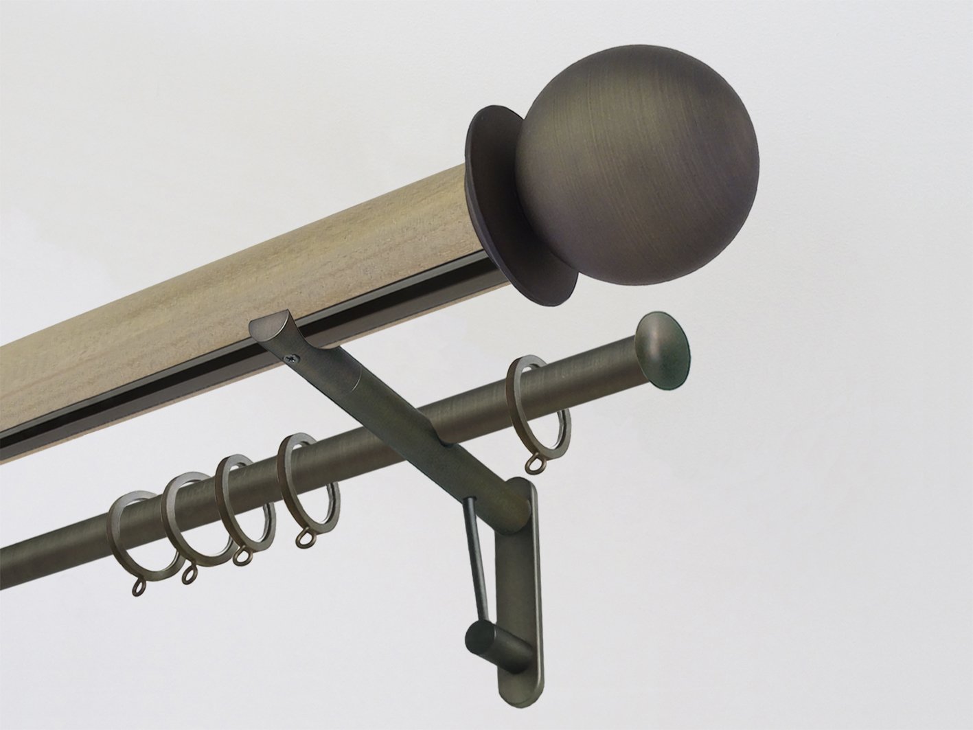 Cotswold Oak stained wooden tracked double curtain pole with metal ball finials