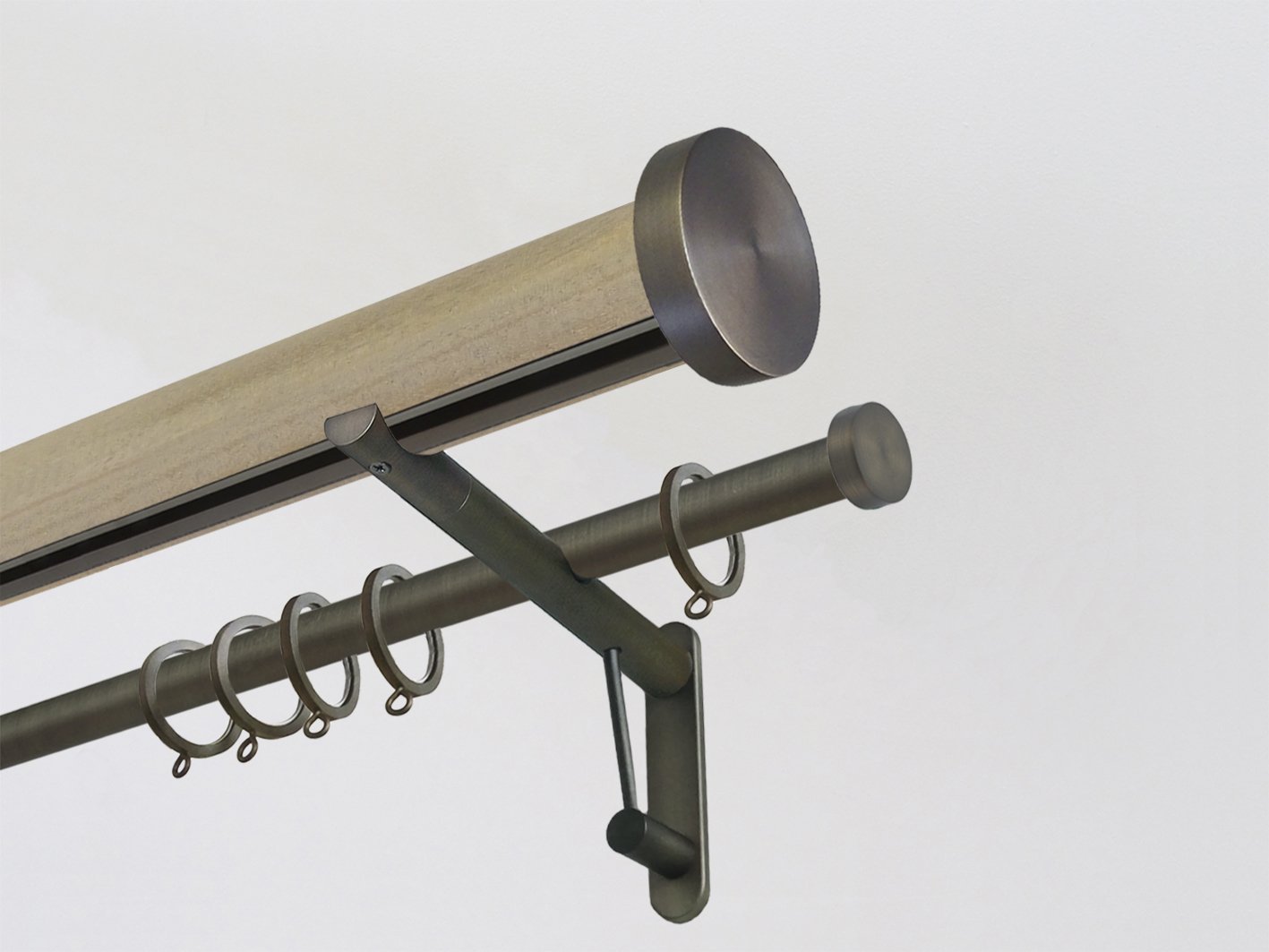 Cotswold Oak stained wooden tracked curtain pole with mini disc finials