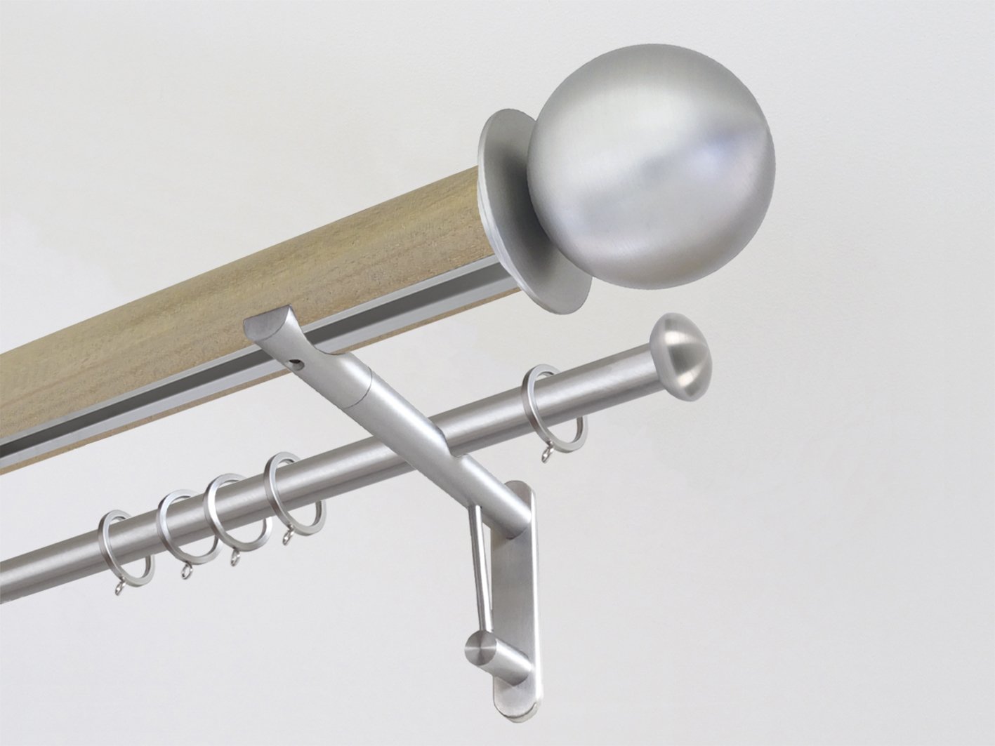 Cotswold Oak stained wooden tracked double curtain pole with metal ball finials