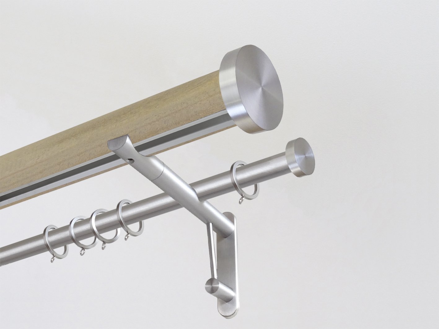 Cotswold Oak stained wooden tracked curtain pole with mini disc finials