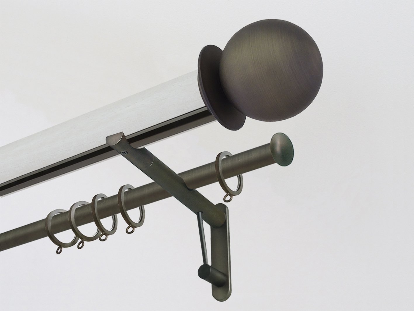 Ecru stained wooden tracked double curtain pole with metal ball finials