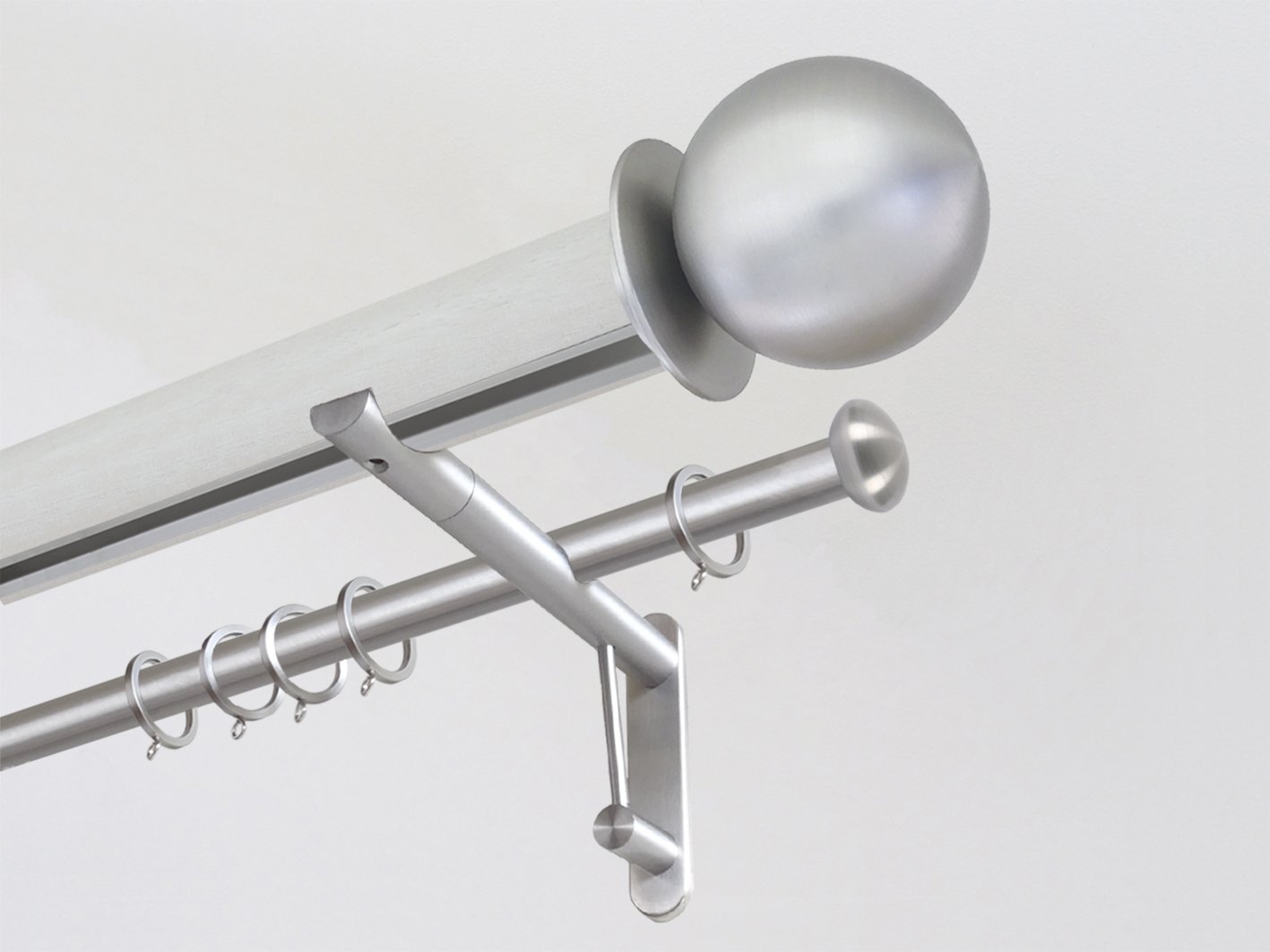 Ecru stained wooden tracked double curtain pole with metal ball finials