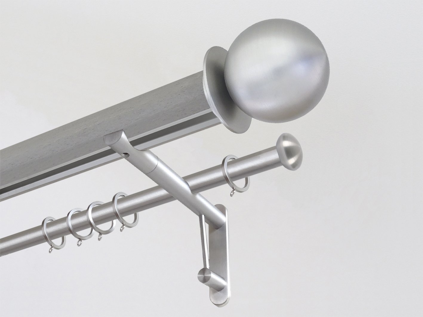 Mouse stained wooden tracked double curtain pole with metal ball finials