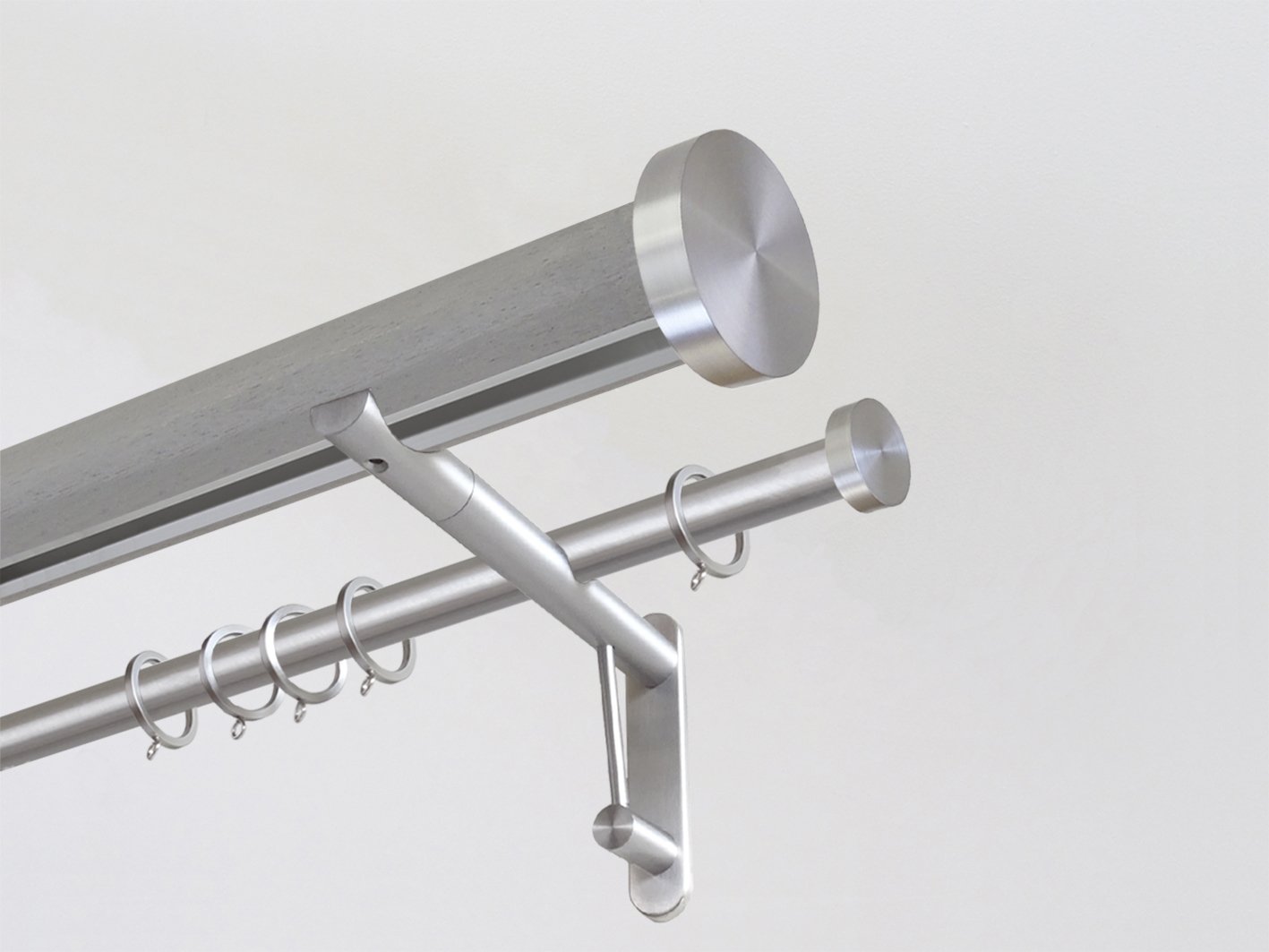 Mouse stained wooden tracked double curtain pole with brushed bronze mini disc finials