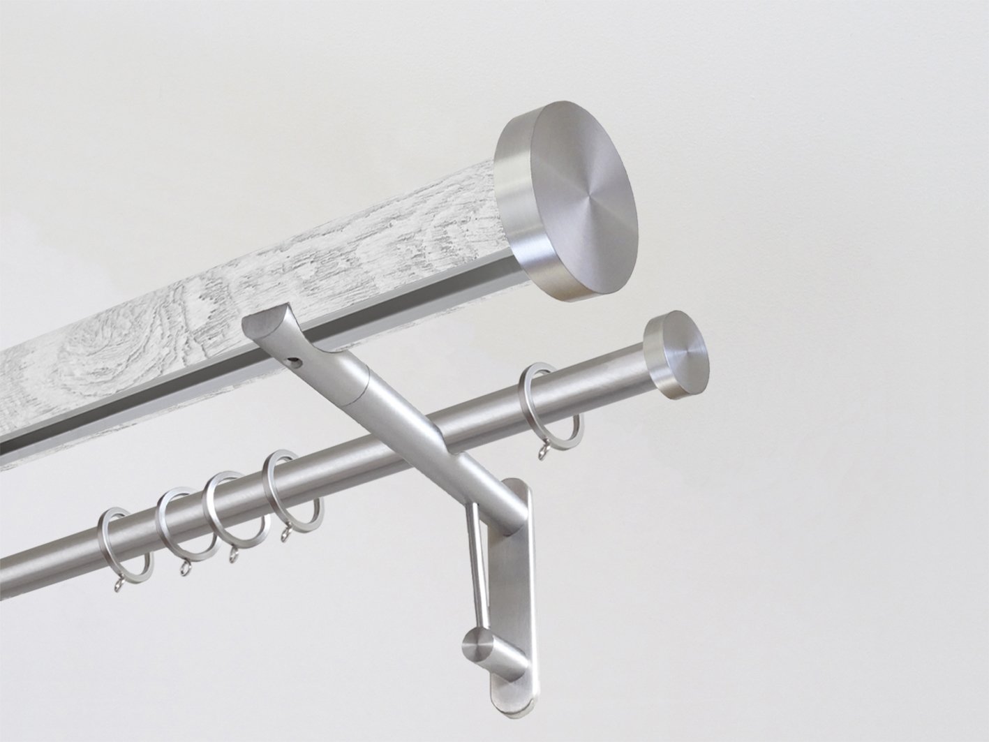 wrapped & tracked double curtain pole set in driftwood "nordic white" by Walcot House