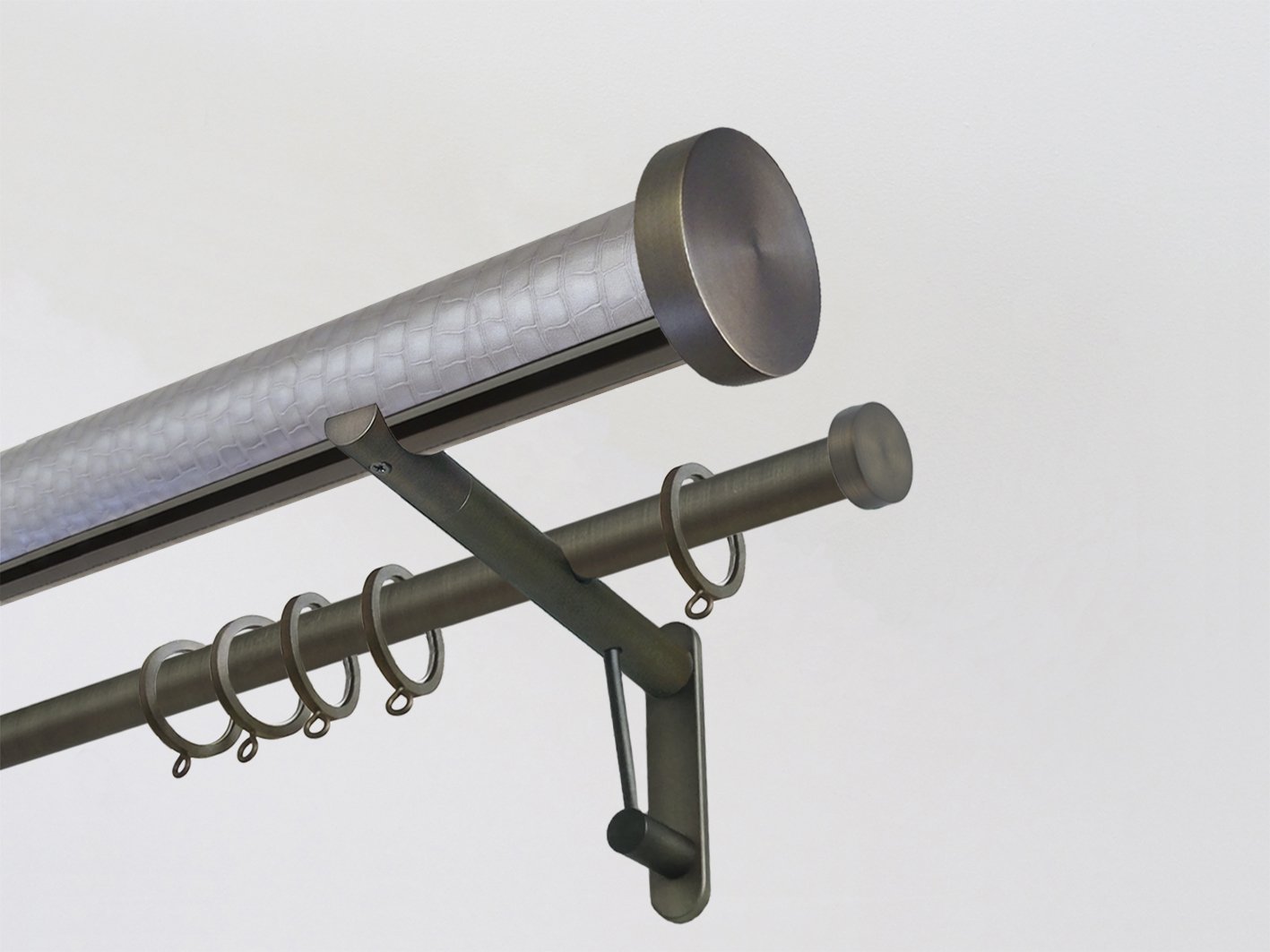 50mm diameter wrapped and tracked rose pewter double curtain pole with steel mini disc finials