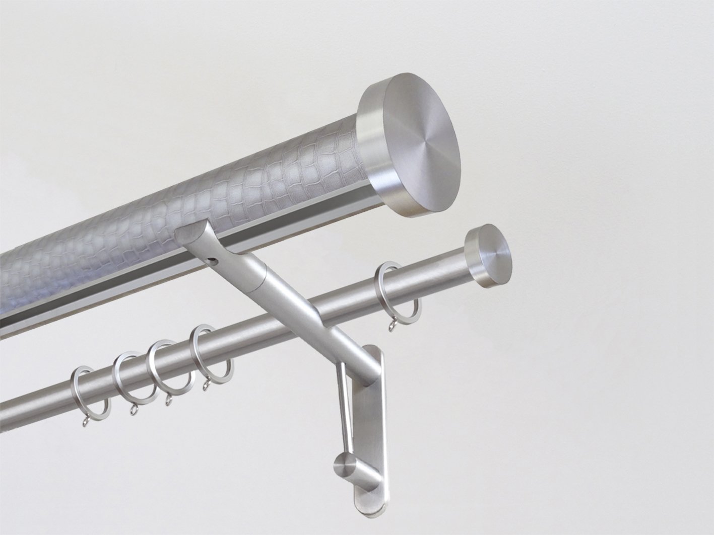 50mm diameter wrapped and tracked rose pewter double curtain pole with steel mini disc finials