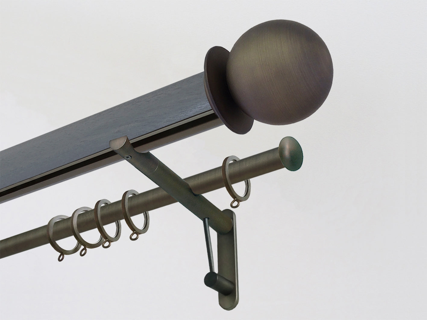 50mm dia. Seal stained wooden tracked double curtain pole with metal ball finials