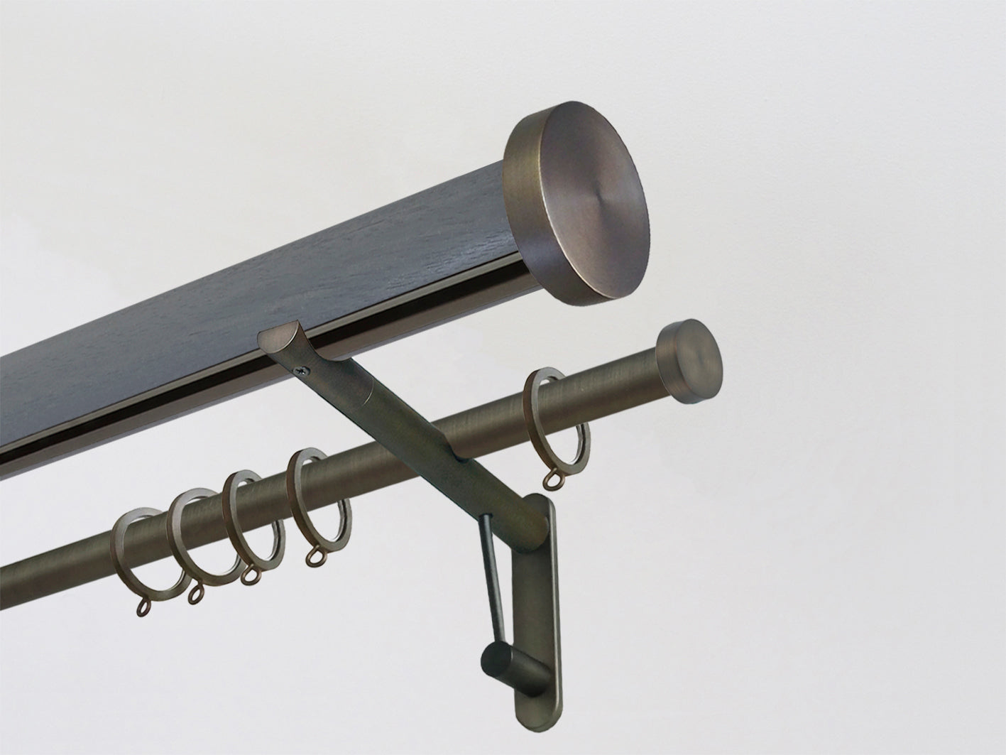 Seal stained wooden tracked double curtain pole with mini disc finials