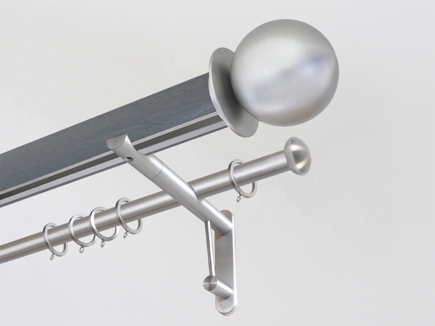 50mm dia. Seal stained wooden tracked double curtain pole with metal ball finials