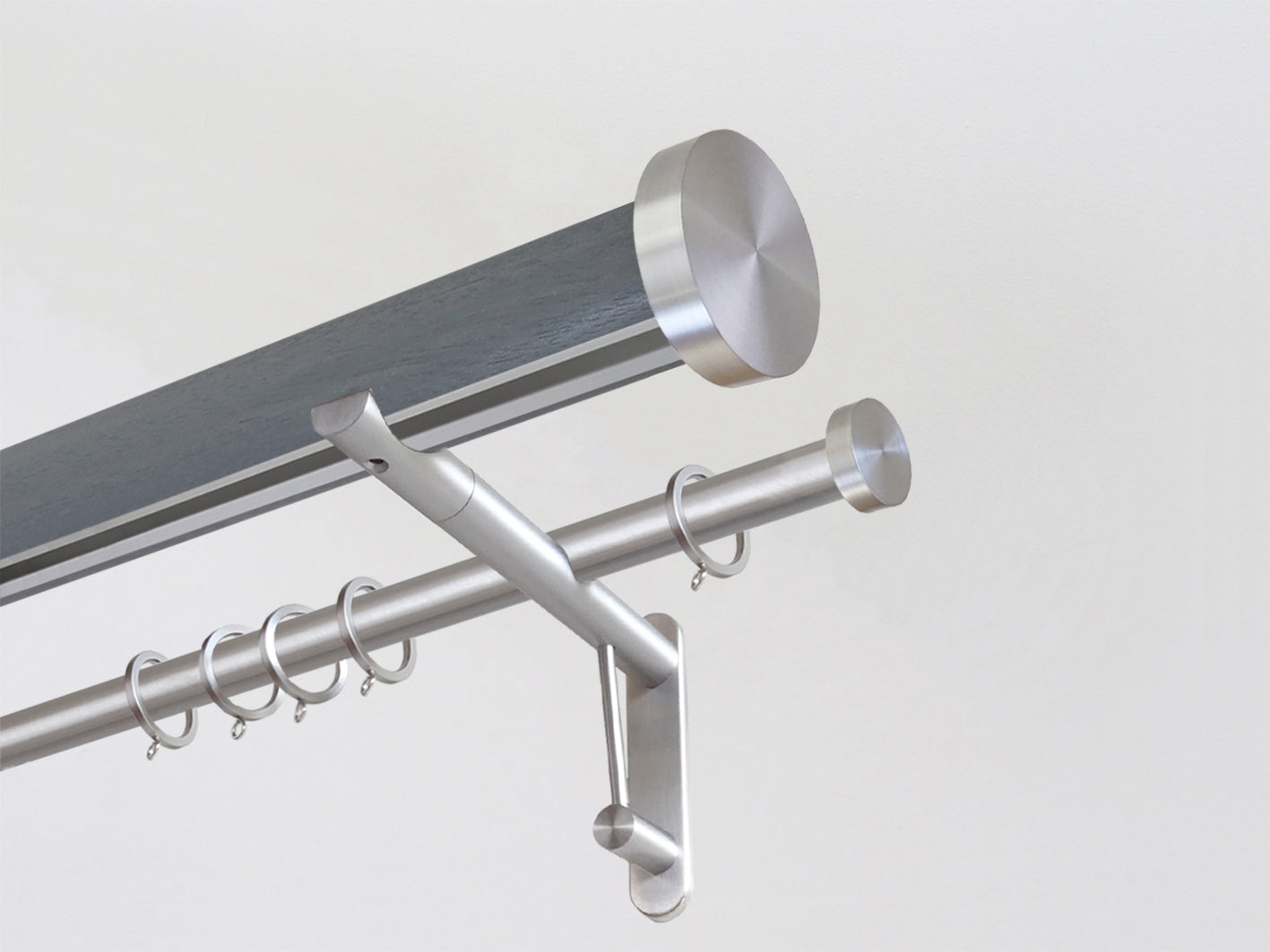 Seal stained wooden tracked double curtain pole with mini disc finials