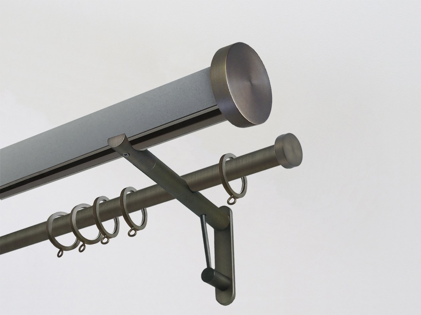 wrapped & tracked double curtain pole set in suede "slate" grey by Walcot House