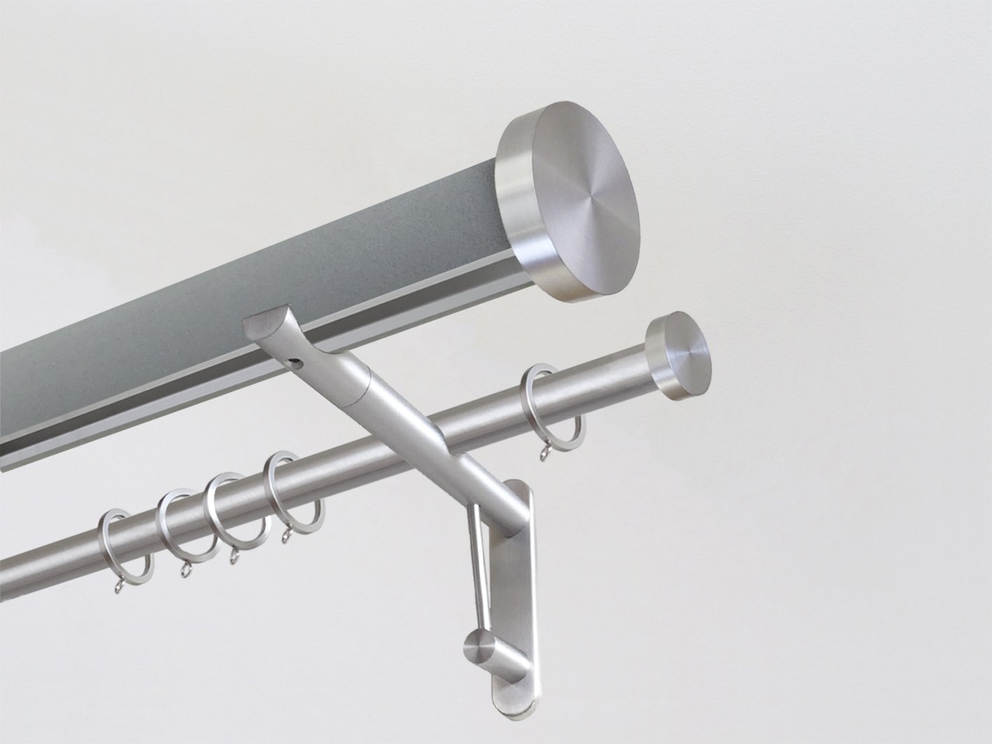 wrapped & tracked double curtain pole set in suede "slate" grey by Walcot House