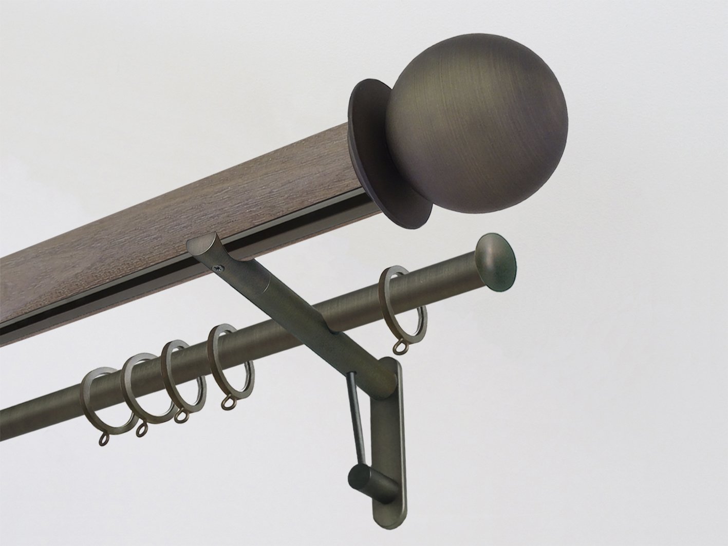 Weathered Oak stained wooden tracked double curtain pole with metal ball finials