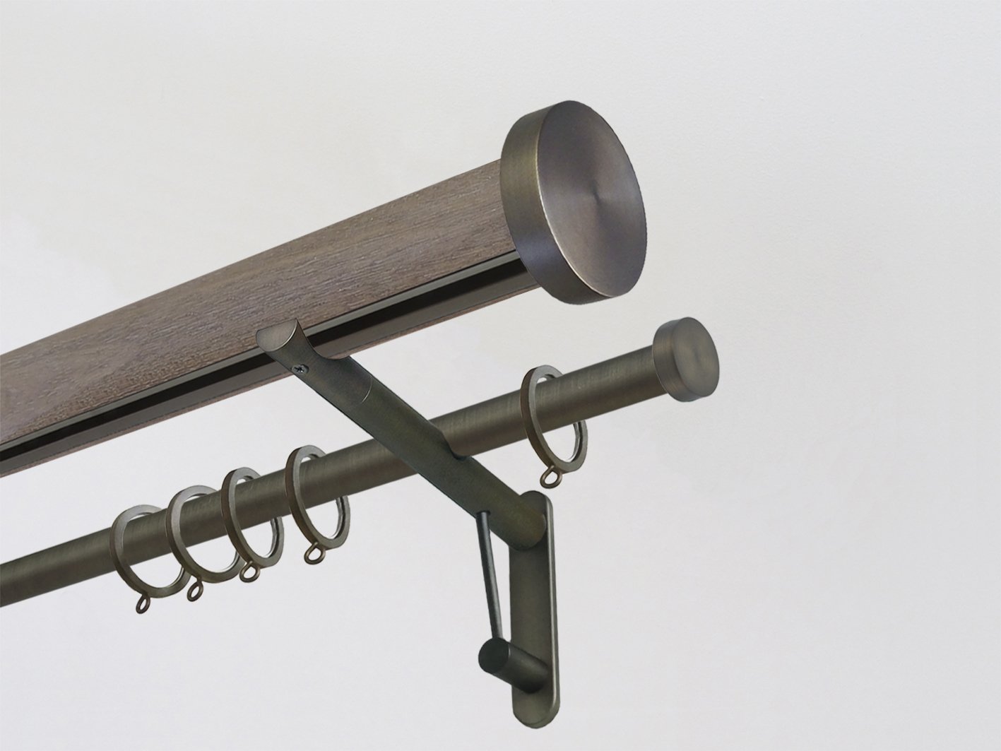 Weathered Oak stained wooden tracked double curtain pole with mini disc finials