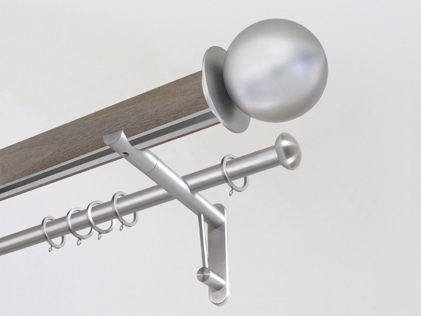 Weathered Oak stained wooden tracked double curtain pole with metal ball finials