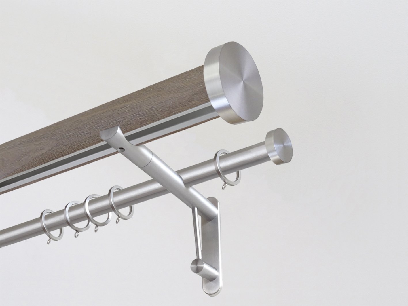 Weathered Oak stained wooden tracked double curtain pole with mini disc finials