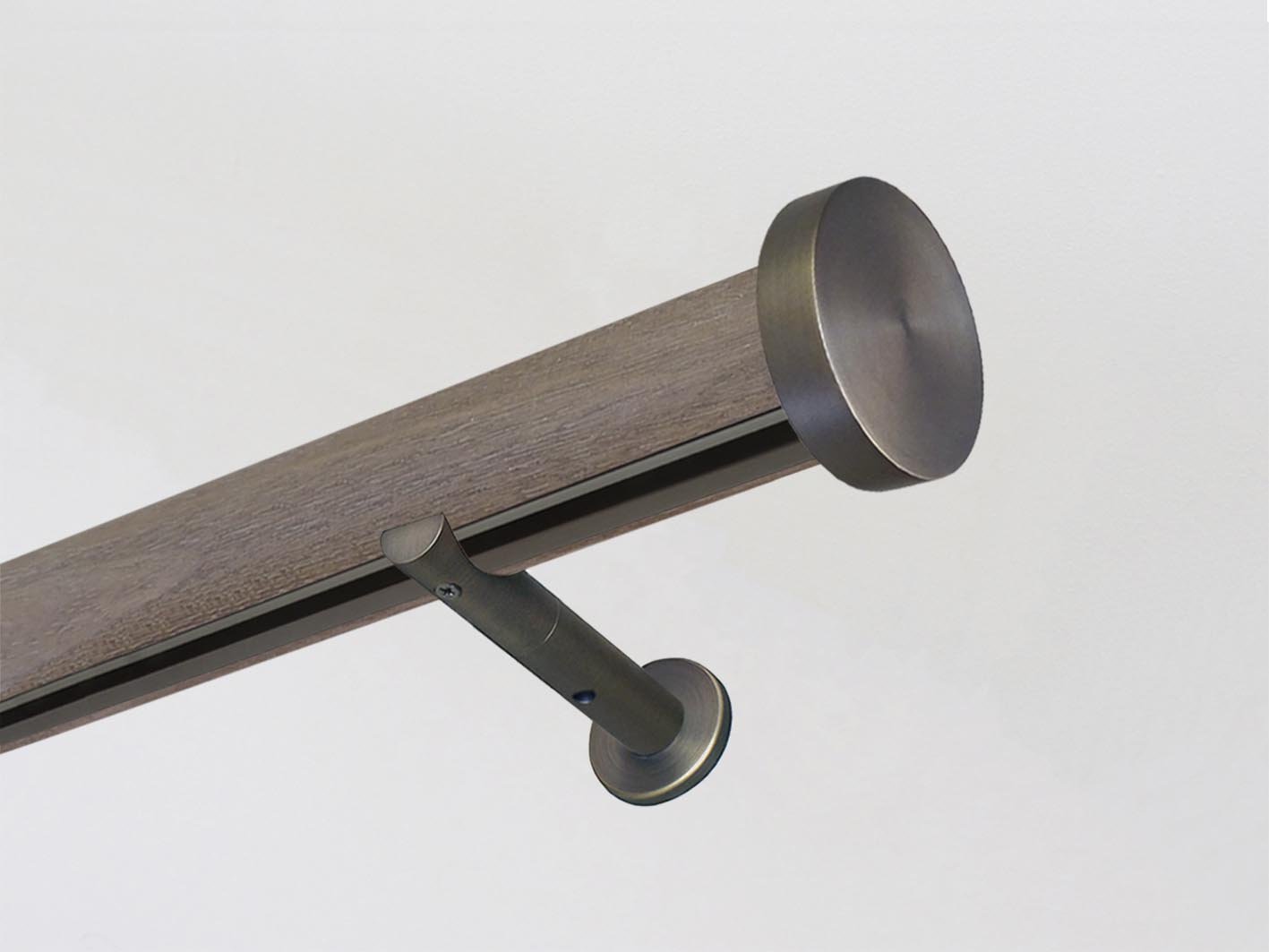 Weathered oak stained wooden tracked curtain pole bronze track by Walcot House