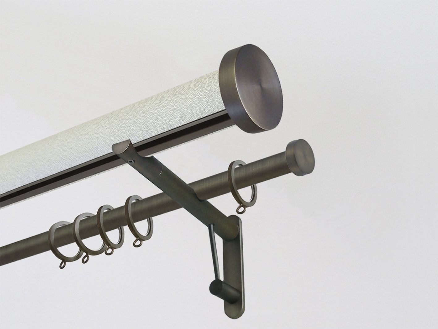 50mm diameter wrapped and tracked white pepper double curtain pole with steel mini disc finials
