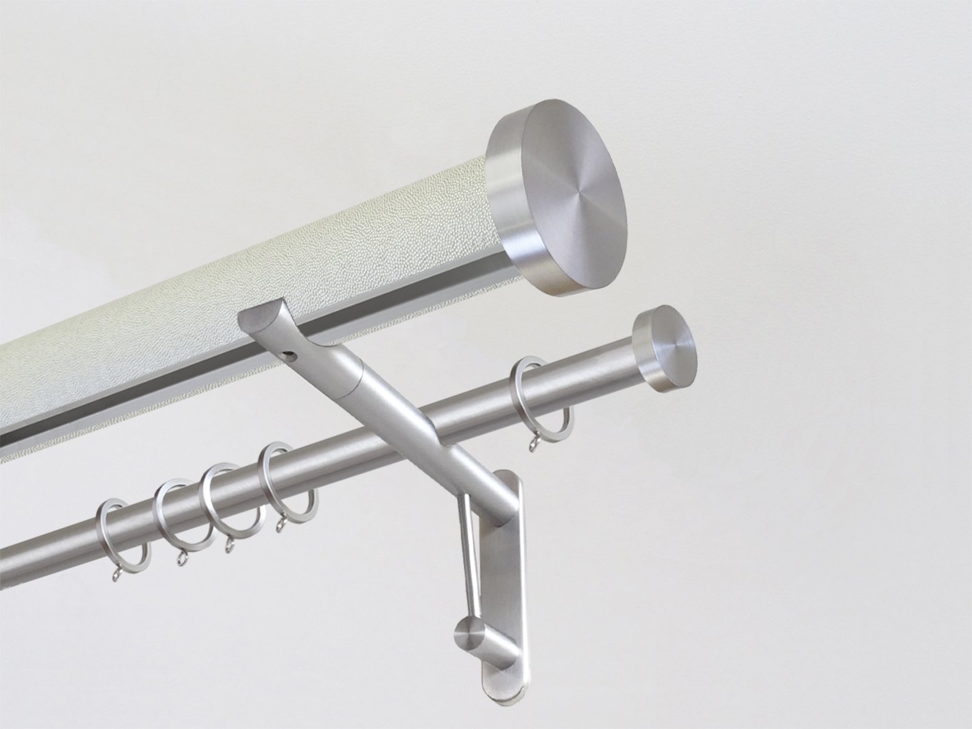 50mm diameter wrapped and tracked white pepper double curtain pole with steel mini disc finials
